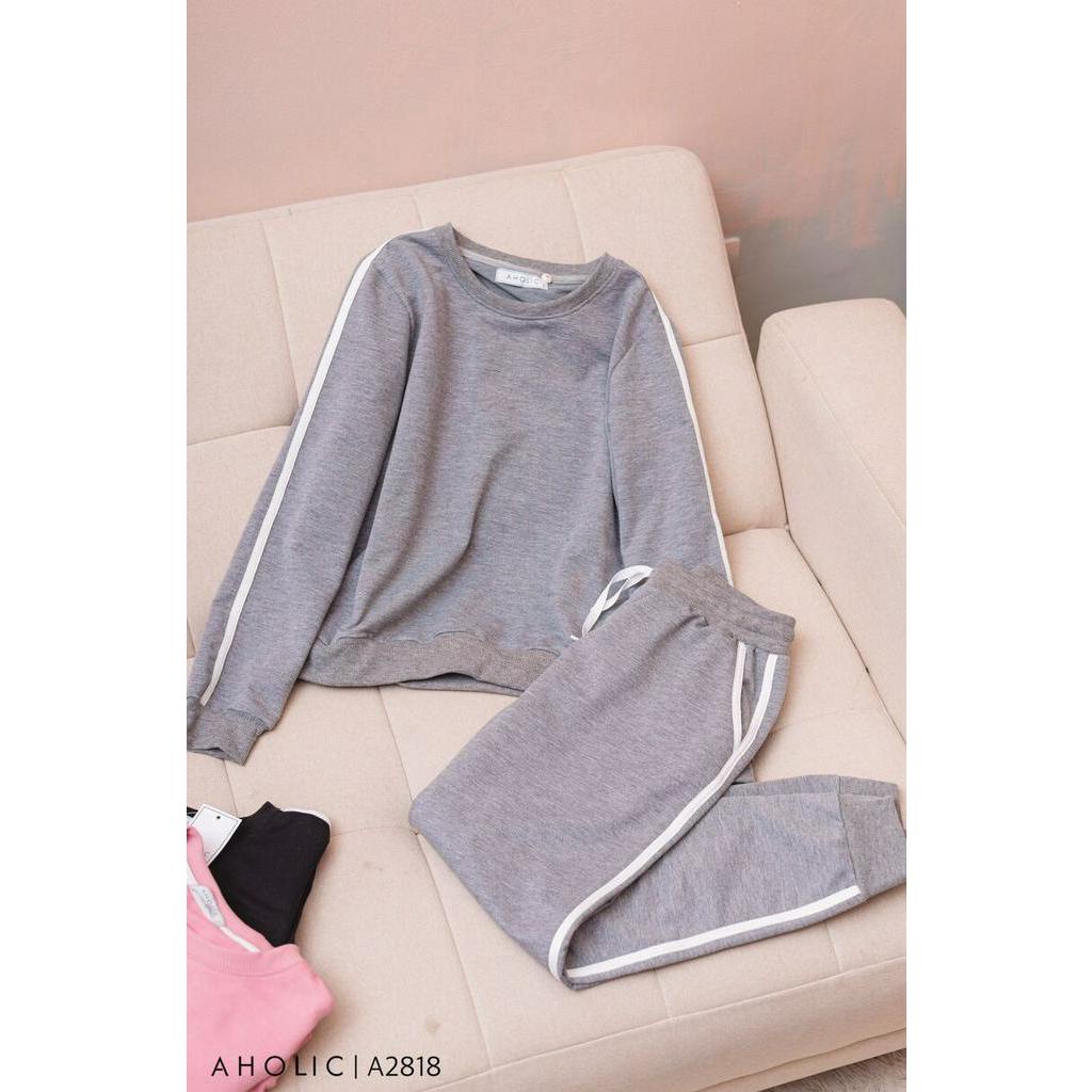 Set nỉ da cá 2 màu phối vạch basic Aholic A2818