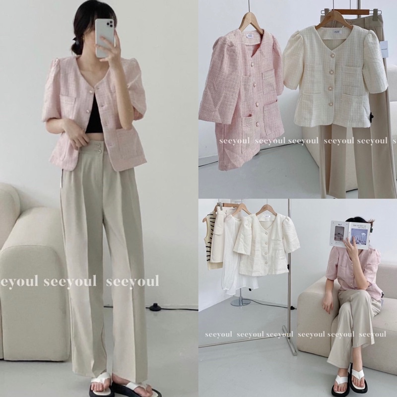 [Ảnh thật/Video]Áo dạ Hồng/Trắng cộc tay cúc ngọc sang chảnh