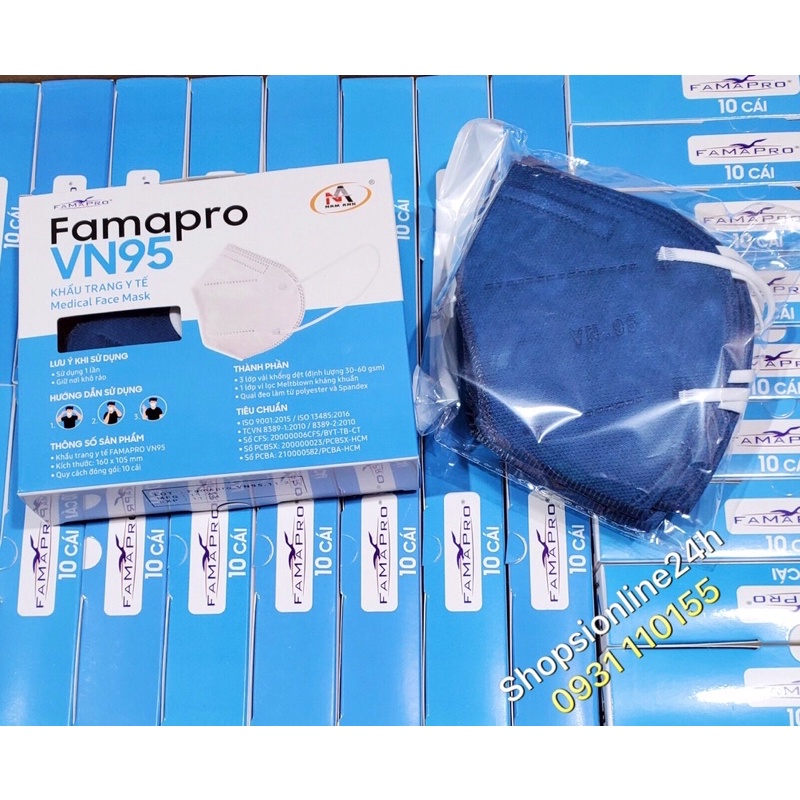 ✅ Khẩu Trang Y tế VN95 , N95 màu xanh navi chính hãng Famapro Nam Anh