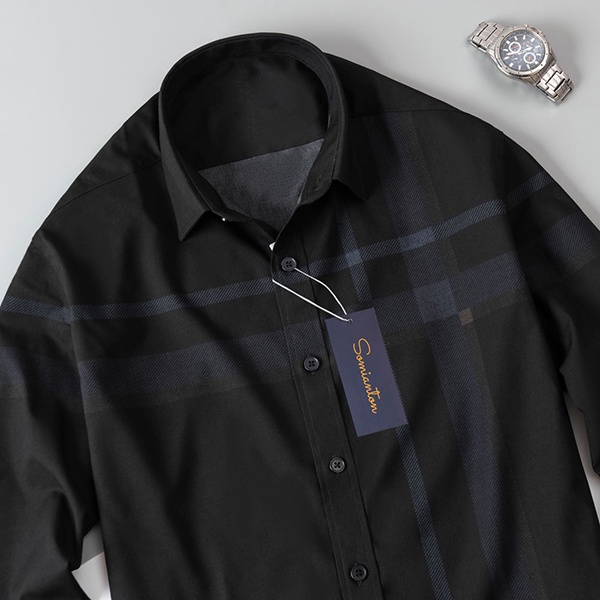 Áo Sơ Mi Nam Công Sở Trung Niên ANTON SOMIANTON Màu Xám Đen Họa Tiết Kẻ Sọc Trắng Slimfit Cotton - XAT206