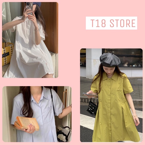 Đầm polo cổ sơ mi có túi ngực xếp ly eo cộc tay ulzzang T18 V16