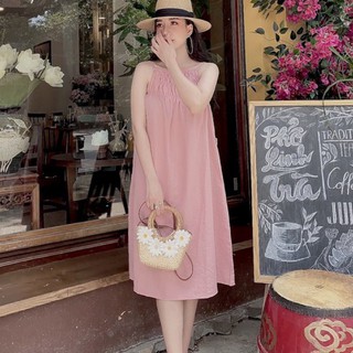 Váy cổ yếm maxi chun ngực thắt eo chất đũi xinh xắn