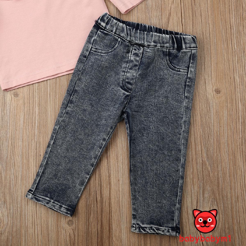 Set áo cotton tay dài pha bèo kèm quần denim dạo phố cho bé gái