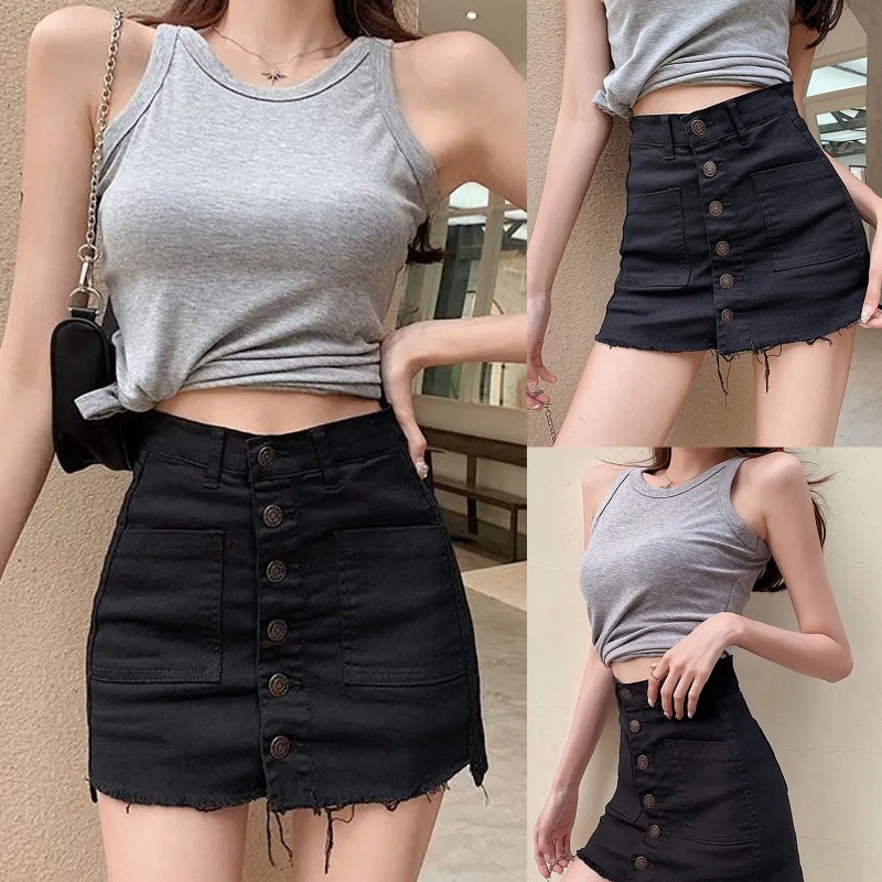Chân váy jean Chữ A Lưng Cao Màu Trơn Thiết Kế Xẻ Rách Phong Cách Vintage
