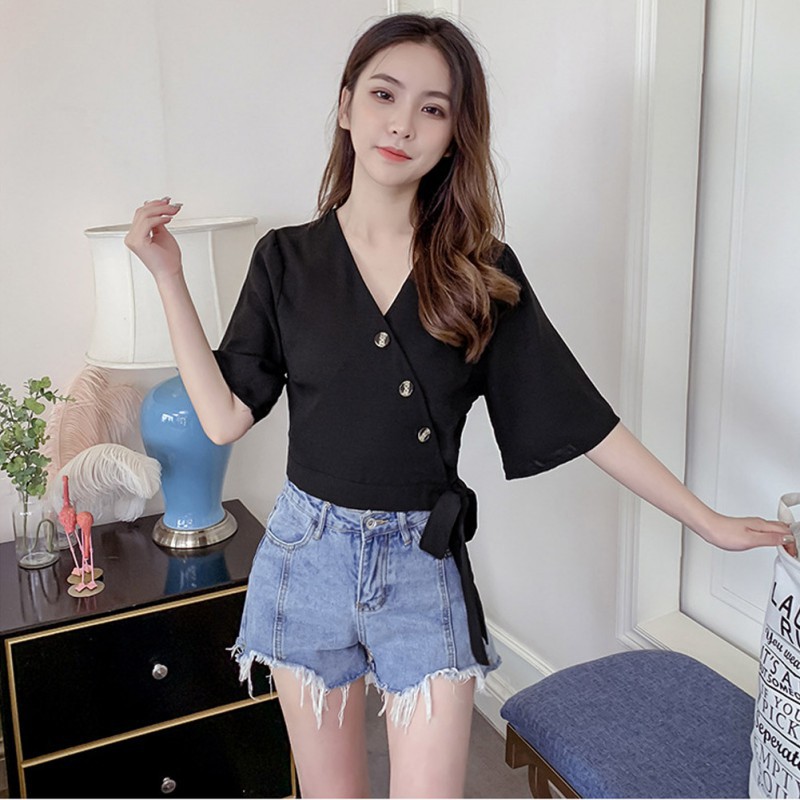 Áo kiểu tay lỡ cổ chữ V phối nơ thiết kế thanh lịch cho nữ