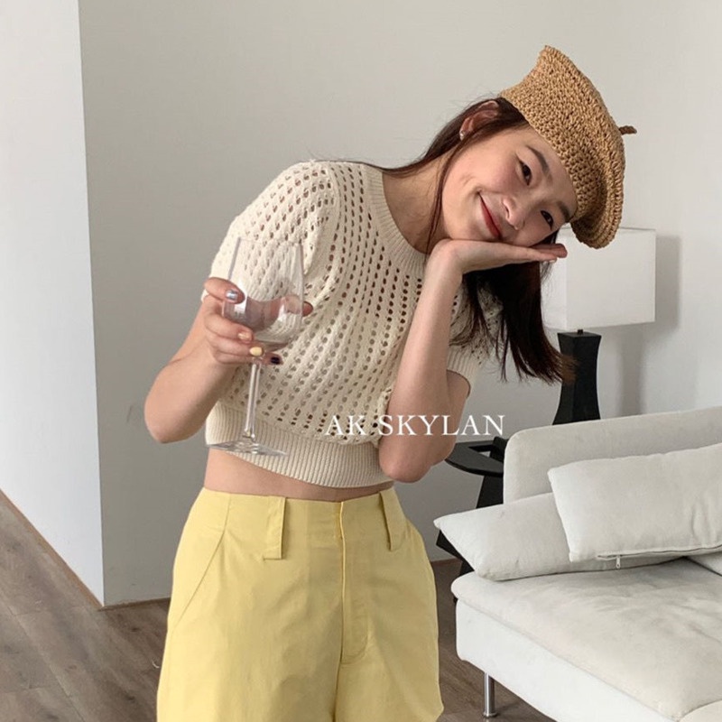 Áo Len Tay Ngắn Khoét Lỗ  Áo Croptop Kiểu Dáng Ngọt Ngào Phong Cách Retro