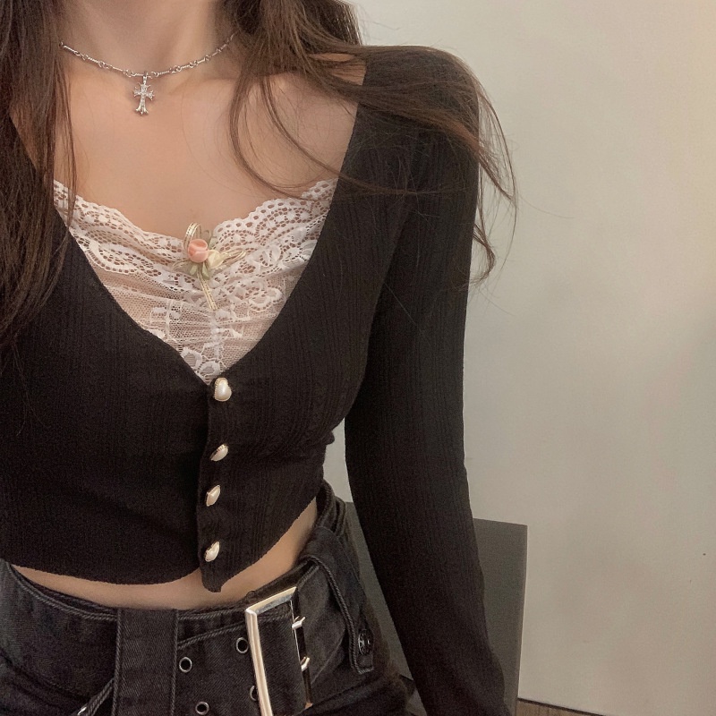 Áo Thun Tay Dài Phối Ren Hoa Thiết Kế Ngọt Ngào Thời Trang Mùa Thu