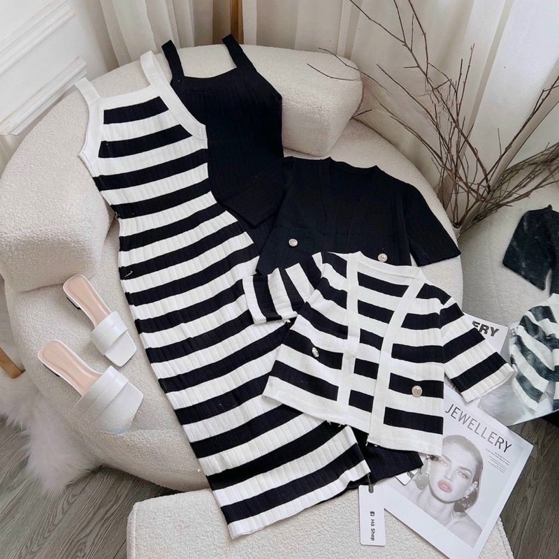 SET ĐẦM BODY SỌC NGANG 2 MÓN KÈM ÁO KHOÁC NÚC