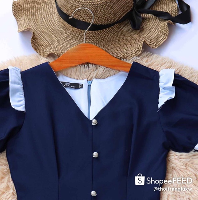 Đầm công sở thiết kế cao cấp tay ngắn màu xanh đen che bụng tốt vải mềm mát thoải mái không nhăn - Lux W | BigBuy360 - bigbuy360.vn