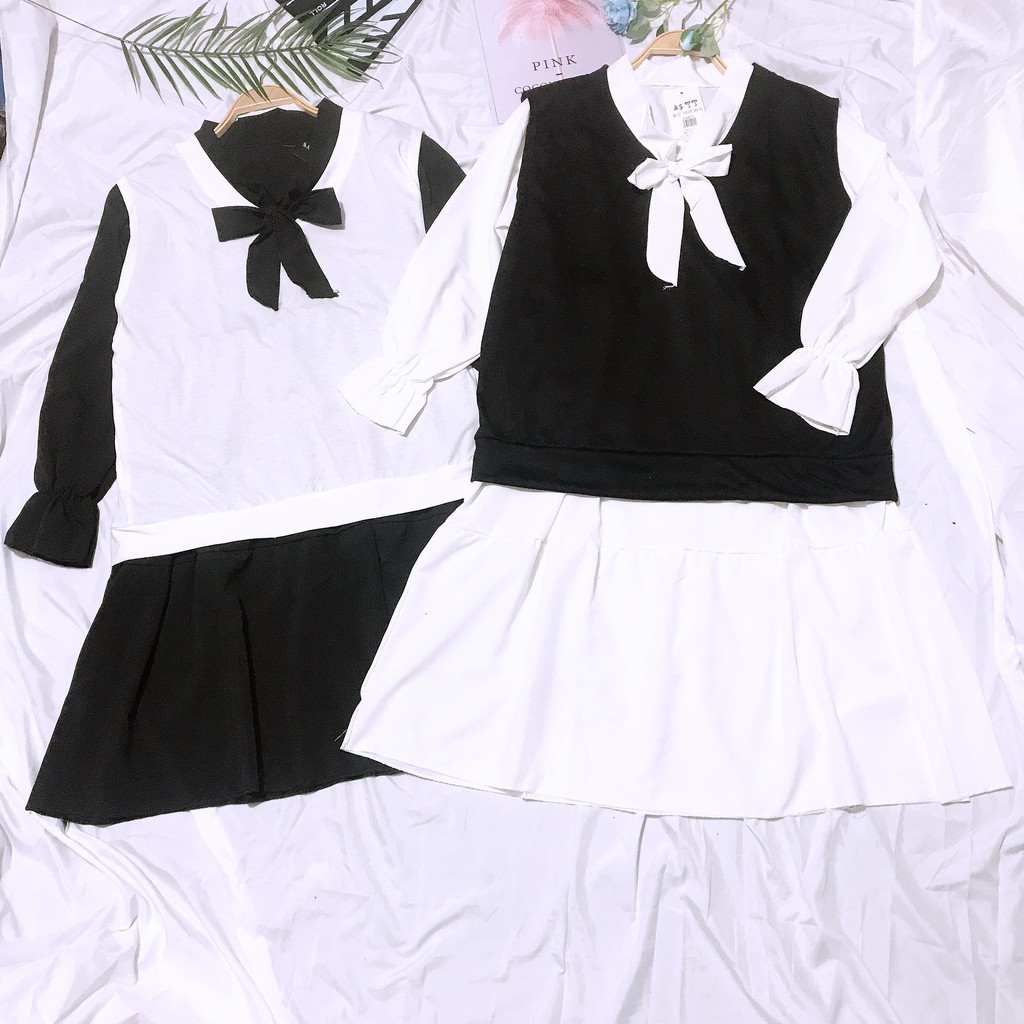 Váy babydoll kèm áo gile, set váy ulzzang dáng dài mix áo gile suông thụng | BigBuy360 - bigbuy360.vn