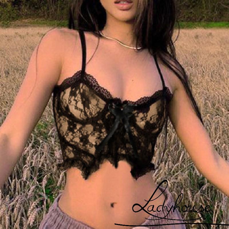 Áo croptop hai dây cổ chữ V phối ren hoa và nơ gợi cảm cho nữ