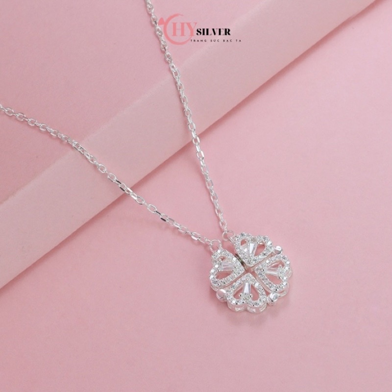 Dây chuyền bạc cỏ 4 lá nạm đá đeo được 2 kiểu bạc xi bạch kim dây chuyền nữ bạc thật