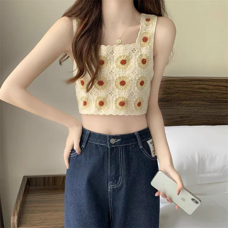 Áo len móc 2 dây bản to sát nách hình hoa hướng dương