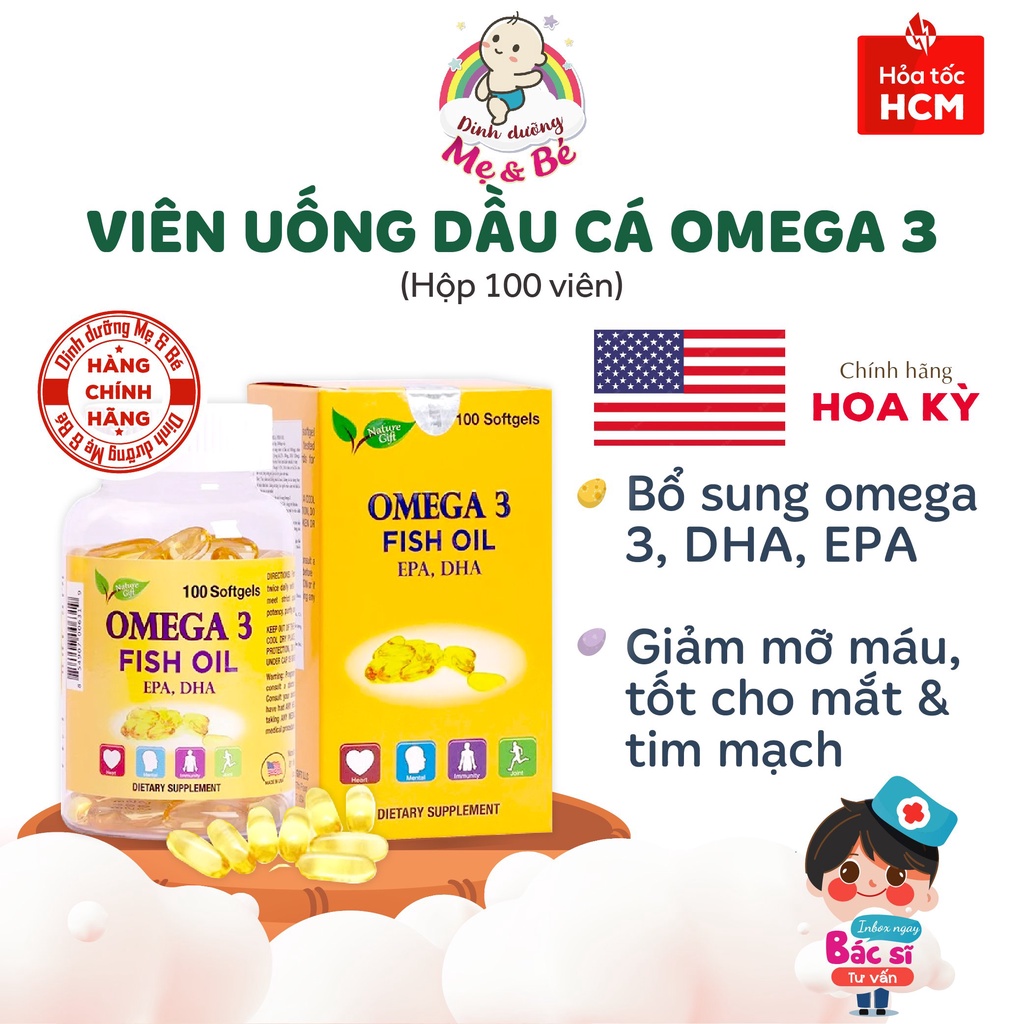 Dầu cá Omega 3 Nature Gift tăng cường sức Khỏe, bổ não, mắt, tim mạch, an toàn cho mẹ (Hộp 100v)