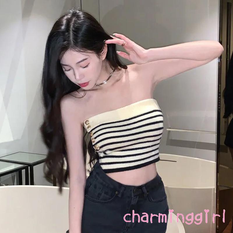 QAQ-Women Bandeau Tops Striped Slim Fit Sleeveless Crop Tops Streetwear Party Club Wear