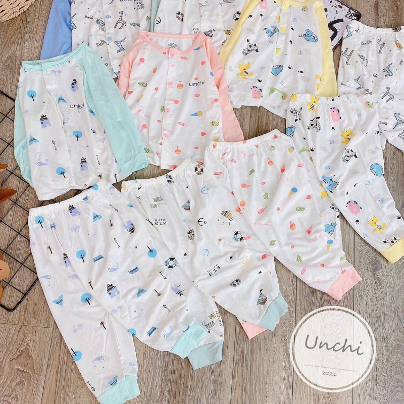 Bộ Quần Áo Dài Sơ Sinh Unchi Vải Petit Mềm Mát Khuy Giữa