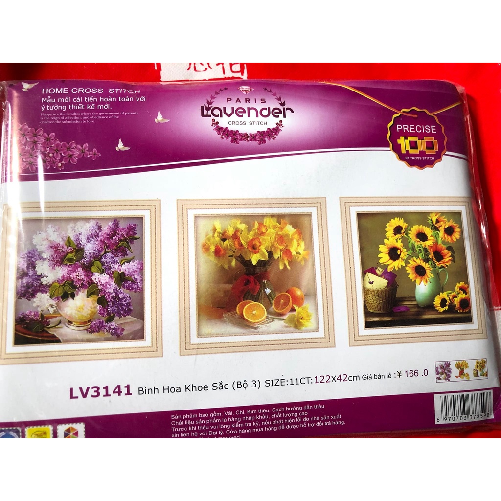 Tranh thêu 3D bình hoa KT:122x42cm,tranh chưa thêu.Tặng kéo và xỏ chỉ.