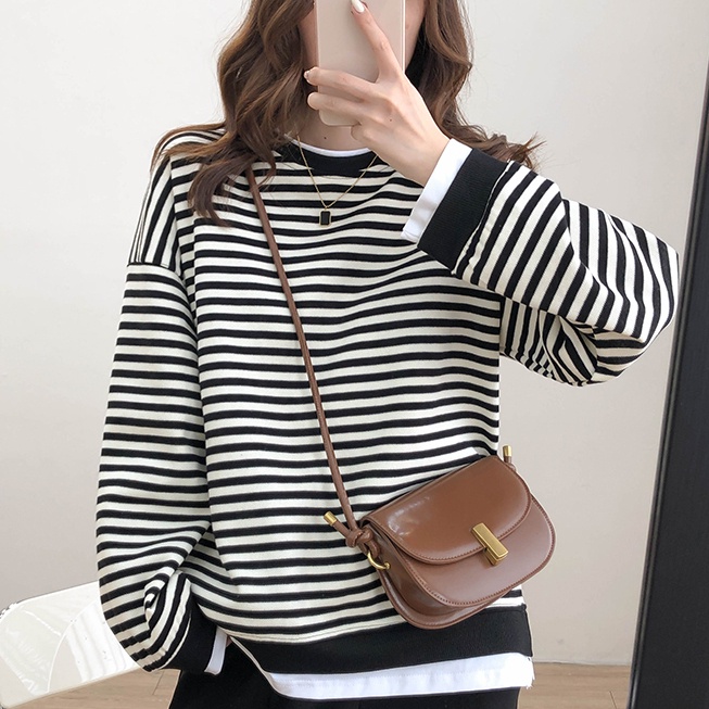 SUXI Áo Nỉ Dài Tay Form Rộng Họa Tiết Kẻ Sọc Phong Cách Hàn Quốc