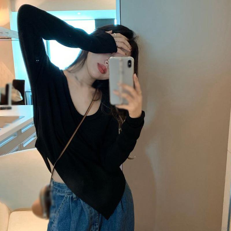 Áo Thun Tay Dài Cổ Tròn Dáng Rộng Màu Sắc Đơn Giản Phong Cách Hàn Quốc