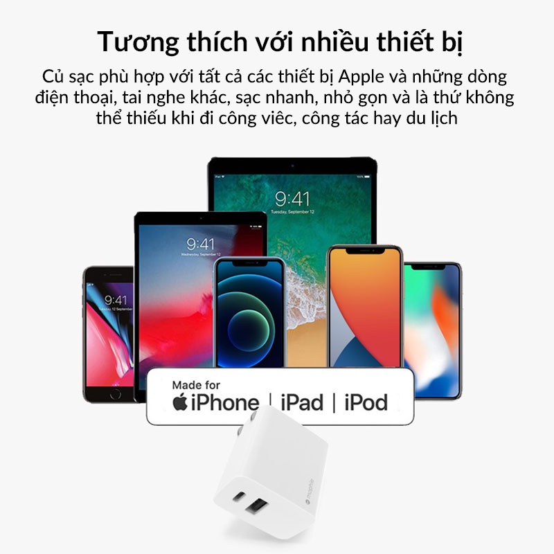 Củ Sạc Nhanh 2 Cổng Mophie Mini Type C + Usb Hỗ Trợ Pd 20w Qc 3.0 Dành Cho Ip 13 12 11 Samsung Xiaomi Oppo Sony