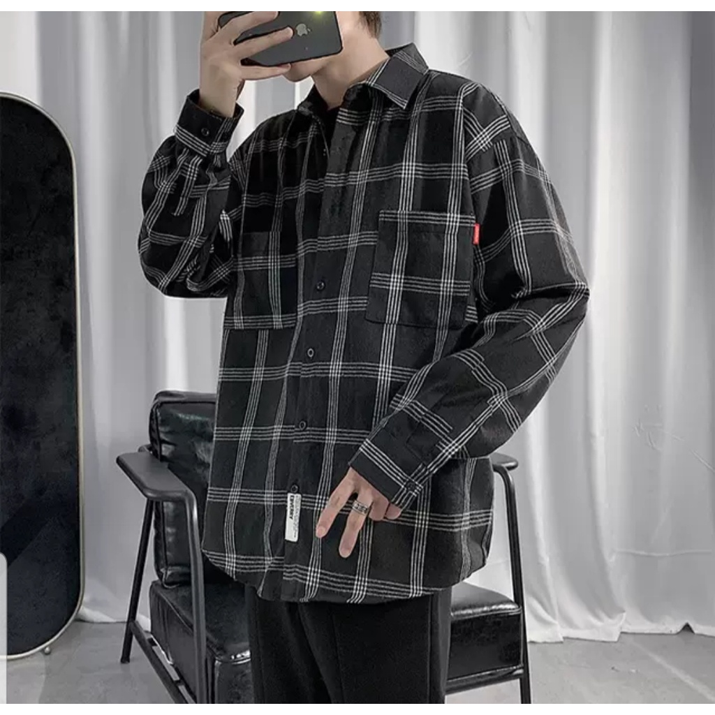 Áo sơ mi kẻ MEANSTORE nam nữ dài tay Oversize form rộng ulzzang không nhăn dáng suông - kẻ caro đen
