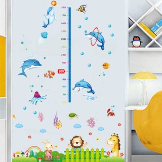 Combo 2 bức decal dán tường mẫu thước đo cá heo và chân tường hươu