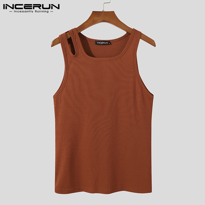Áo tank top INCERUN không tay cổ tròn phối lỗ phong cách bất đối xứng thời trang dành cho nam