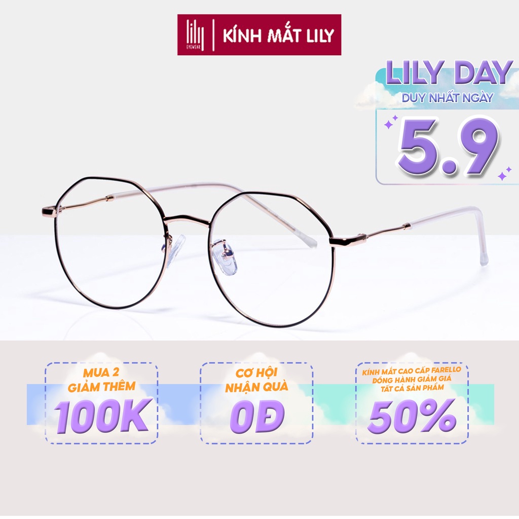 Gọng kính cận nam nữ Lilyeyewear mắt tròn kim loại thanh mảnh màu sắc thời trang 2891