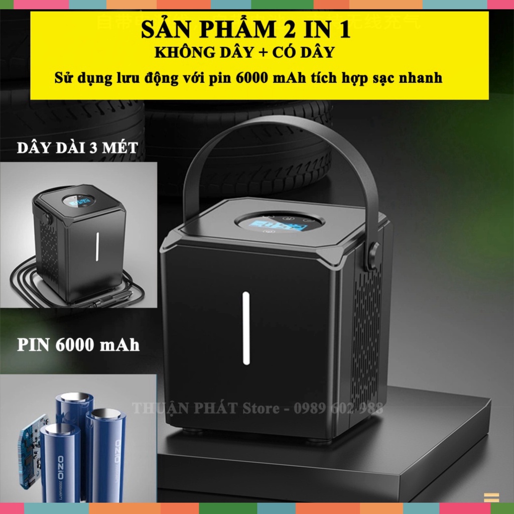 Bơm hơi mini 12v - Máy bơm xe ô tô 12v công suất 120w 2 in 1,tích hợp pin 6000 mAh,tự động ngắt,đèn LED chiếu sáng