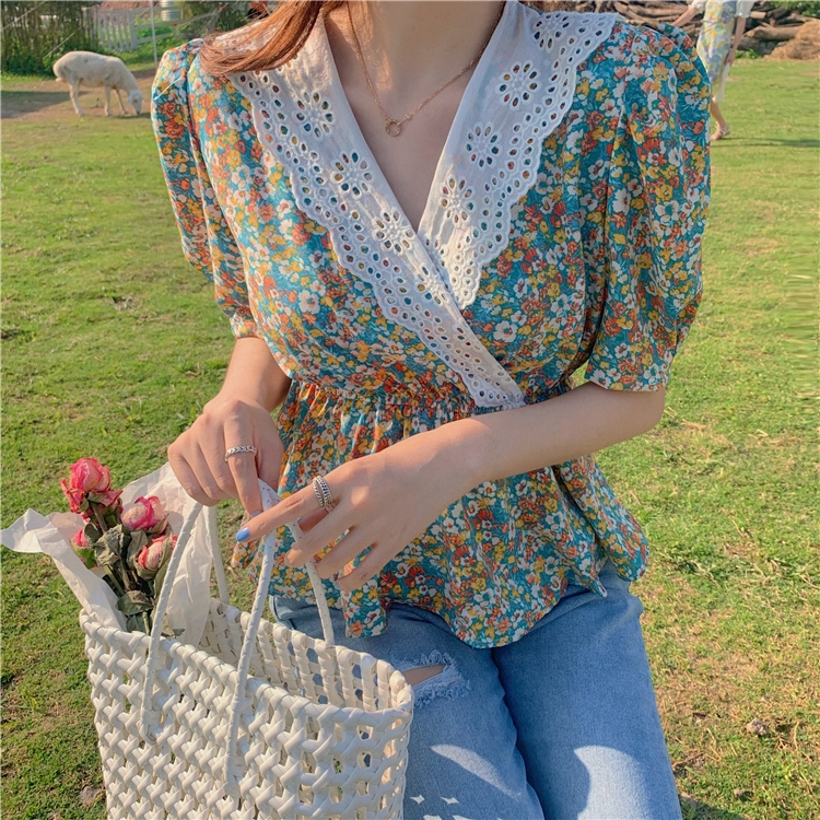 SUXI Áo kiểu cổ chữ V họa tiết hoa xinh xắn thời trang phong cách Pháp cho nữ