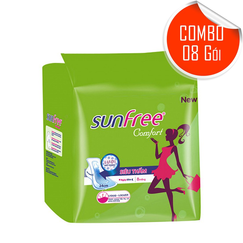 Combo 8 gói Băng vệ sinh Sunfree Comfort có cánh (gói 8 miếng)