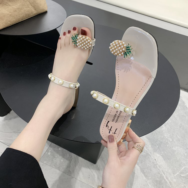 Giày sandal đế thấp hở mũi hình quả dứa đính ngọc trai dễ thương