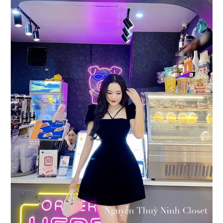 đầm nhung xoè tay tiên cập bến 2 màu