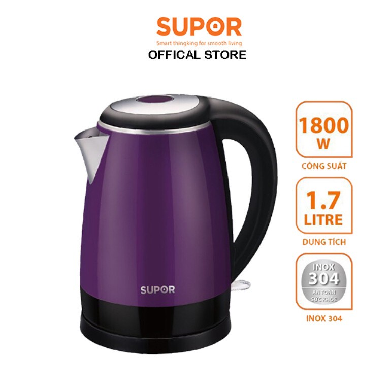 Ấm Siêu Tốc Bình Đun Nước Siêu Tốc SUPOR 17S18AVN (1,7 lít) 1800W -Pha Trà Pha Sữa Nhanh Chóng -An Toàn Với Inox 304