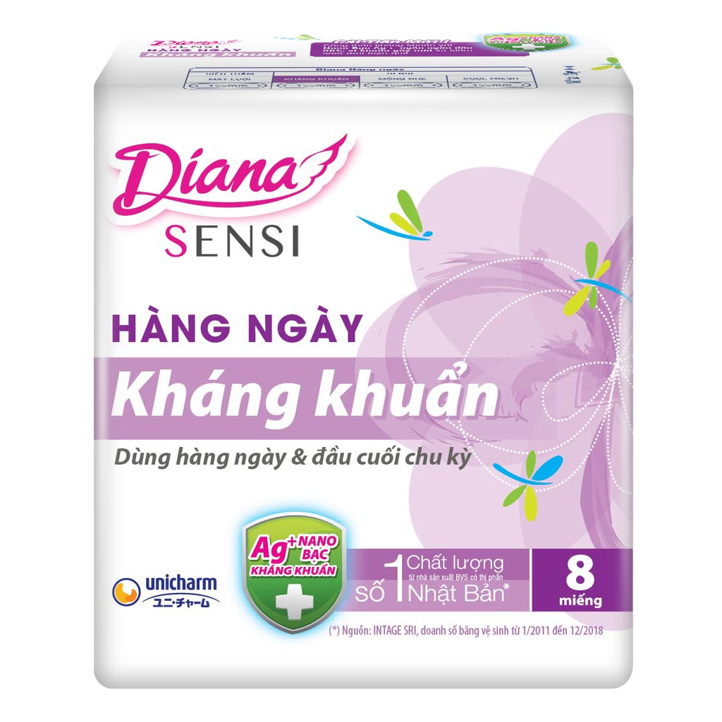 COMBO 6 GÓI BĂNG VỆ SINH HÀNG NGÀY DIANA KHÁNG KHUẨN 8/20 MIẾNG DÀI 15CM
