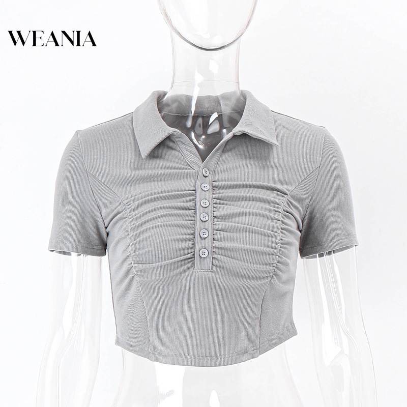 Áo Sơ Mi Croptop Tay Ngắn Cổ Bẻ Thiết Kế Xếp Ly Nữ Tính