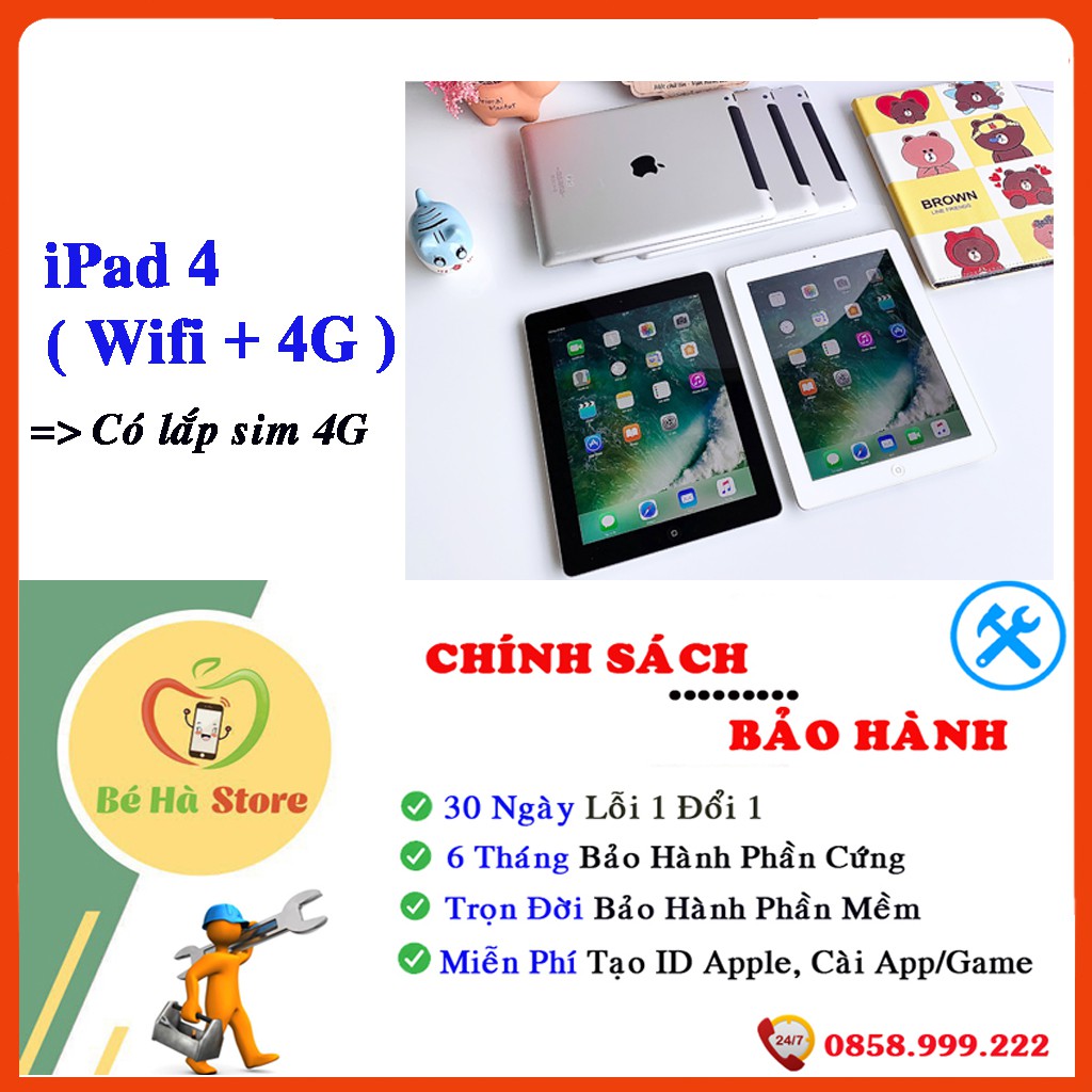 Máy Tính Bảng iPAD 4 - 16/ 32/ 64/ 128Gb (4G + Wifi) - Màn Rentina Đẹp 99% - Pin Cực Khỏe - Loa To - Tặng Đủ Phụ Kiện