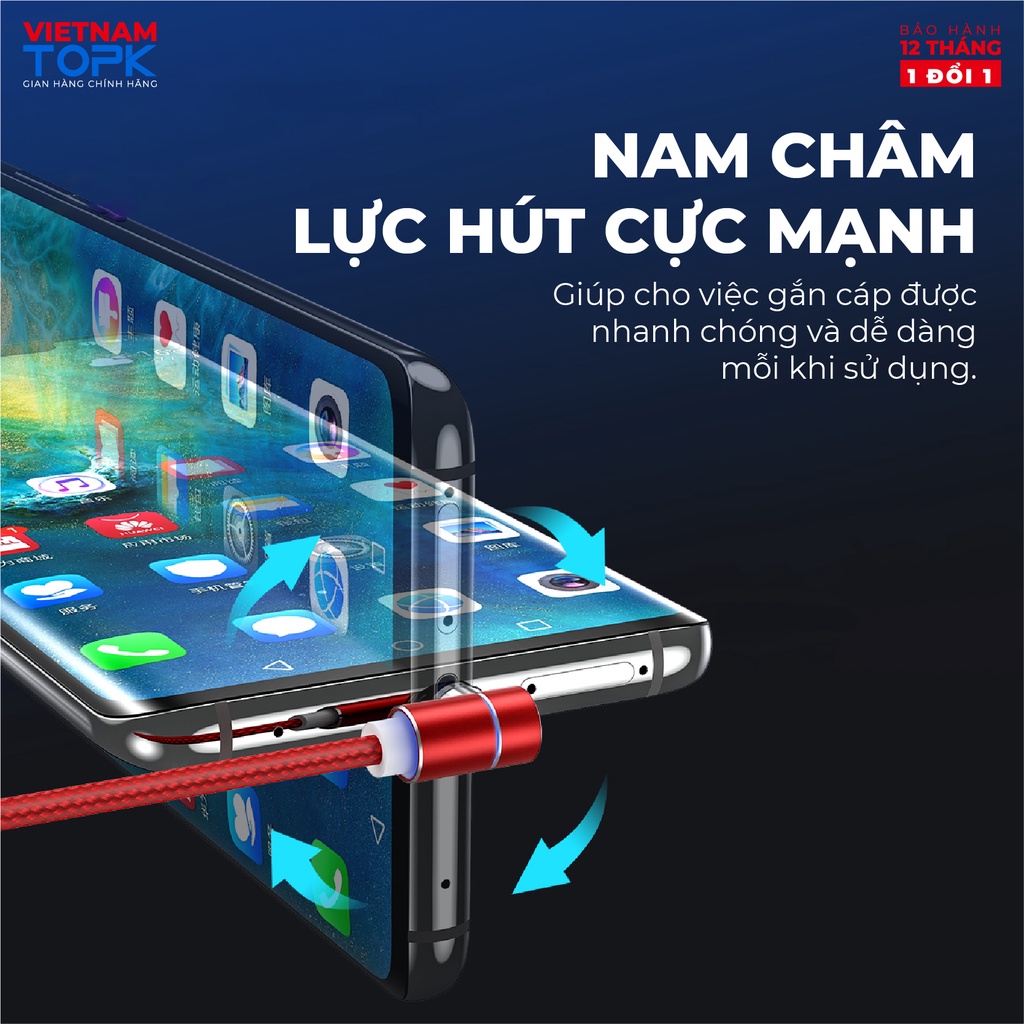 Dây sạc nam châm, đầu nối vuông góc TOPK AM69 Sạc nhanh QC 3.0 dài 1m, dùng cho điện thoại - Hàng chính hãng