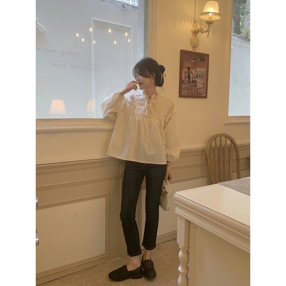 Áo sơ mi babydoll viền ren cánh tiên thắt nơ dài tay ulzzang