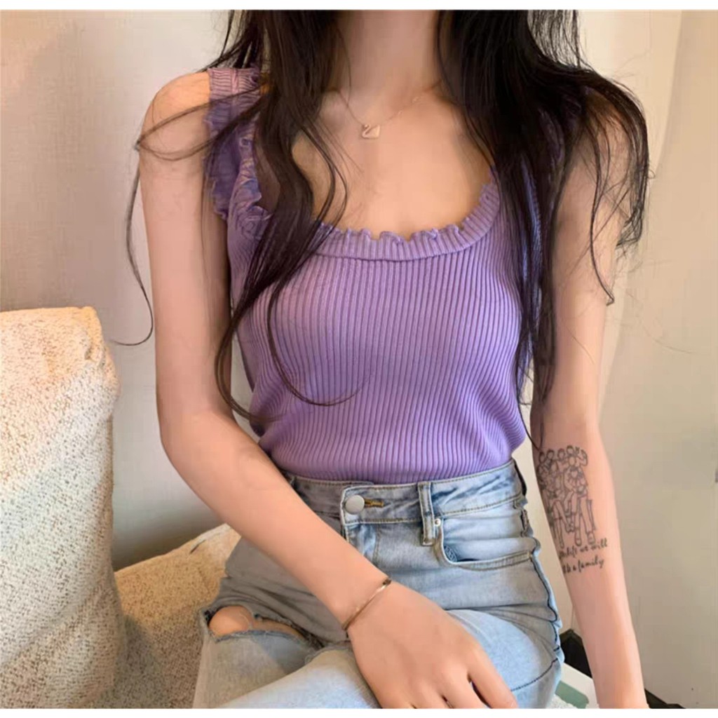 Áo ba lổ len viền bèo sát nách gợi cảm mùa hè dành cho nữ croptop A2S12