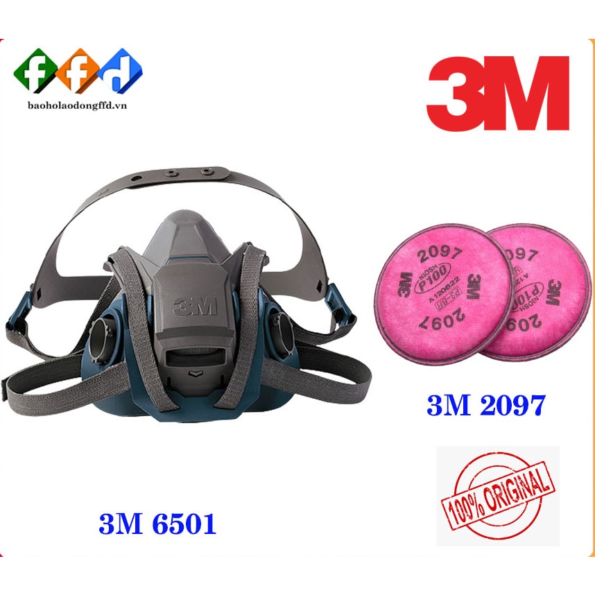 [Hàng chính hãng] Bộ mặt nạ 3M 6501QL dùng 2 phin lọc 2097, Mặt nạ chống bụi - chống hơi độc - khí hàn cắt đúc kim loại