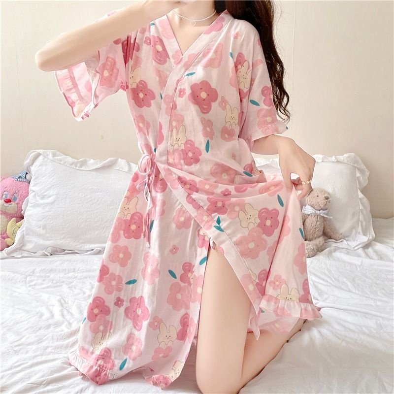 ✡Đồ Ngủ Kimono✡Đầm Ngủ Kimono Tay Ngắn Cổ Chữ V Cột Dây Phong Cách Nhật Bản Thời Trang Xuân Hè Xinh Xắn Cho Nữ