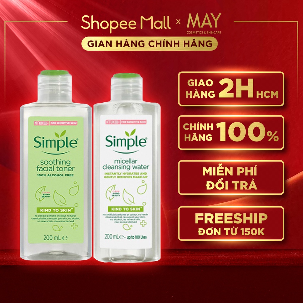 Combo NƯỚC TẨY TRANG SIMPLE Micellar Water 200ml + NƯỚC CÂN BẰNG SIMPLE Da Dịu Nhẹ Soothing Facial Toner 200ml