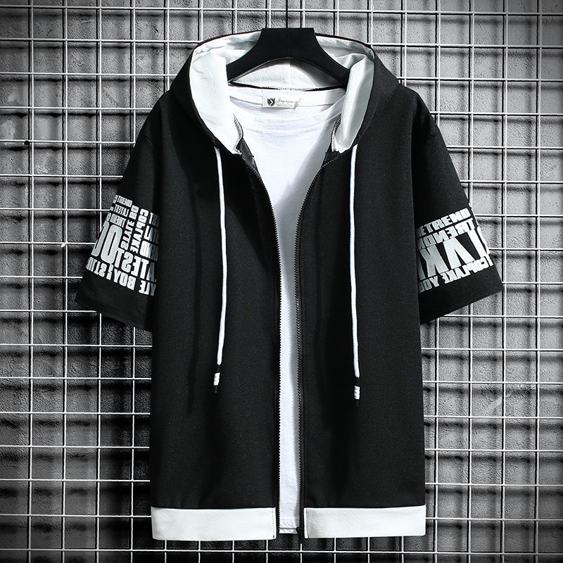 Áo Hoodie Ngắn Tay Phối Khóa Kéo Thời Trang Cho Nam