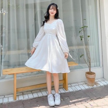 Đầm trắng công chúa cúc ngực / Váy trắng kỷ yếu dáng xoè tay thắt nơ (Ảnh thật)