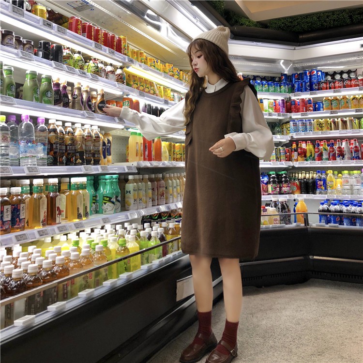 Váy ulzzang áo sơ mi set váy nữ đẹp sơ mi dài tay đầm len gile mỏng áo kiểu dáng hàn quốc | BigBuy360 - bigbuy360.vn