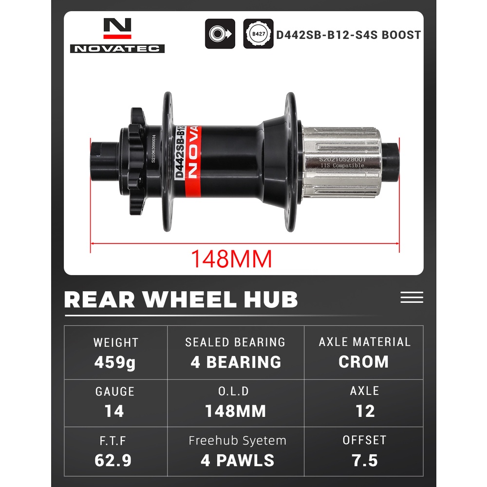 Trục Sau 6 Lỗ Cho Xe Đạp Leo Núi Novatec D442SB-B12 Boost 148mm x 12mm