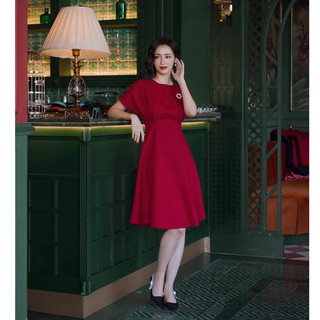 EDINI - D1229 Đầm xếp eo cổ tròn