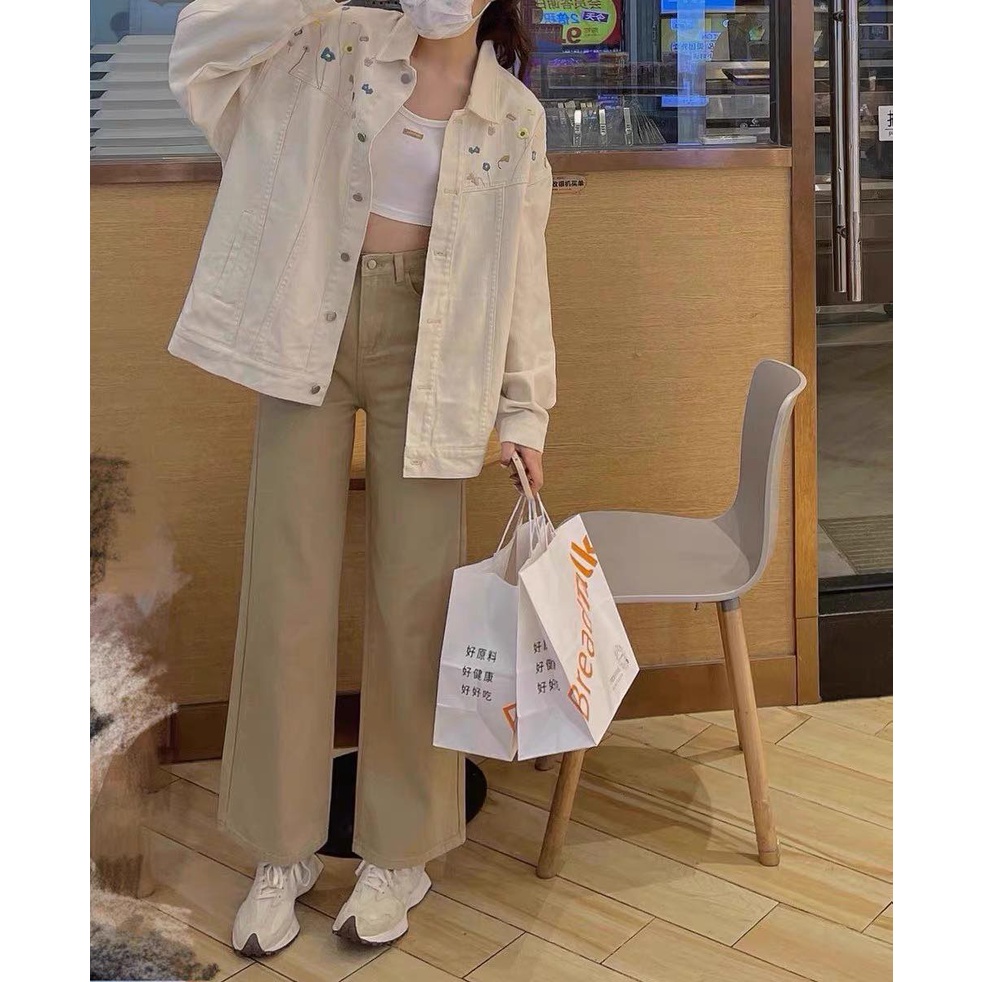 Áo khoác jean hoa nhí phong cách Hàn Quốc màu be order taobao ulzzang KURI.ORD