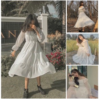 Váy Tiểu Thư Trắng Trễ Vai Hoặc Cổ Vuông Vintage 🌸 Đầm Xòe 2 Lớp Mặc Nhiều Kiểu Hot